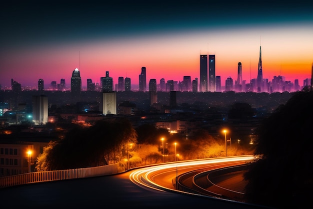 Foto gratuita un paesaggio urbano con uno skyline della città e le luci della città.