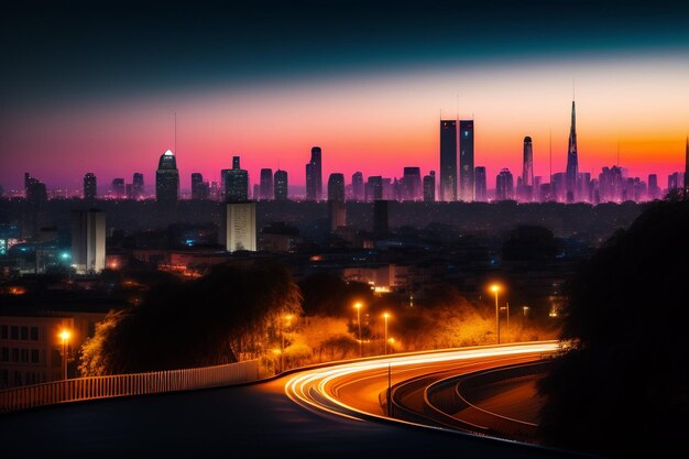 A cityscape with a city skyline and the lights of the city.