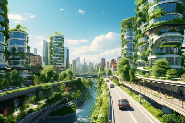 Ciudad futurista con movilidad de alta tecnología para el bienestar social