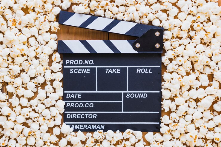 Free Photo clapperboard lying in popcorn