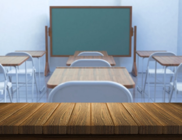 Foto gratuita il rendering 3d di un tavolo di legno con una classe defocussed in background