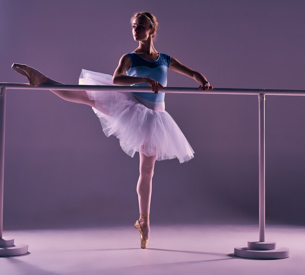 Classic ballerina posing at ballet barre