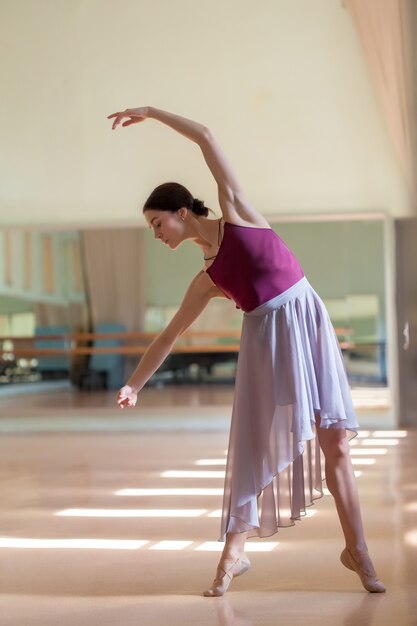 Classic ballet dancer posing at barre on rehearsal room