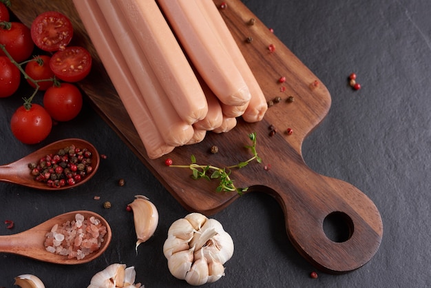 Classic boiled meat pork sausages on chopping board with pepper and basil, parsley, thyme and cherry tomatoes.