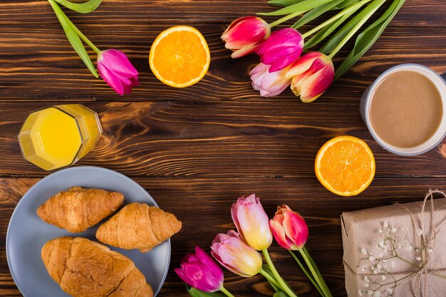 Classic breakfast with tulips