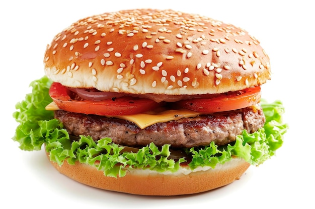 classic cheese burger with beef cutlet vegetables and onions isolated on a white background