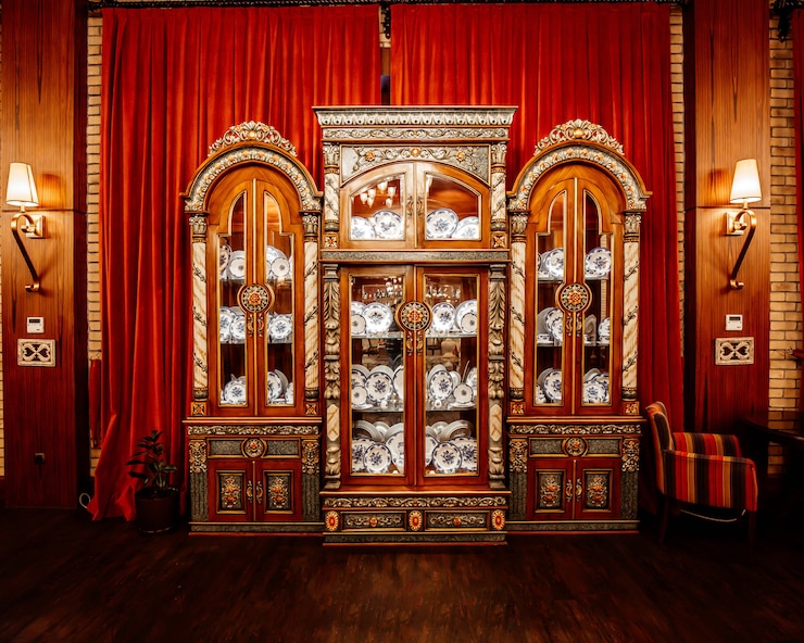 Free Photo classic china cabinet in front of the red long curtains at restaurant hall