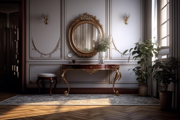 Бесплатное фото Классический консольный стол и зеркальная мебель дизайн интерьера роскошная комната