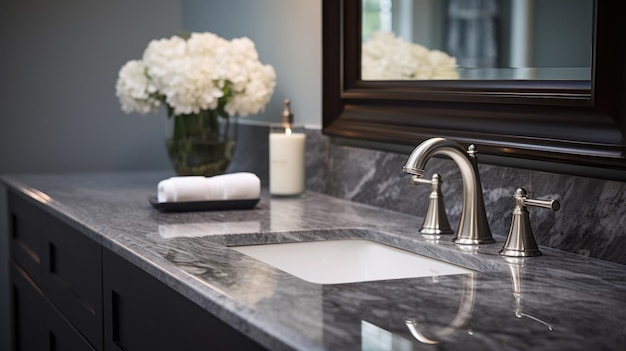 クラシックな faucet は ⁇ 明るいバスルームの大理石のカウンタートップに反映されています ⁇ 
