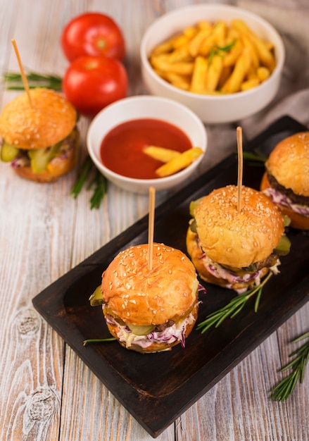 Classic hamburgers with tasty french fries