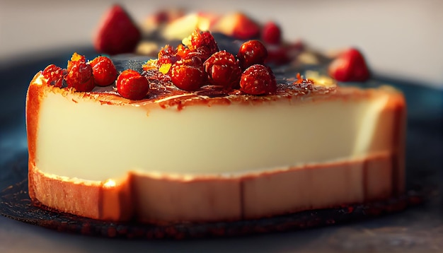 Classic plain new york cheesecake sliced on wooden board closeup view selective focus generative ai