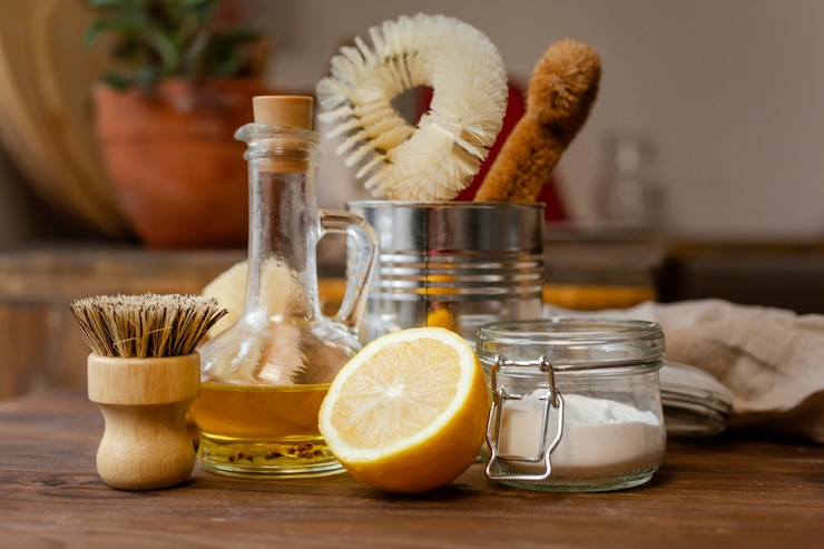 Free Photo cleaning brushes and lemons arrangement
