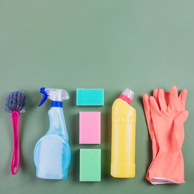 Free photo cleaning equipments arranged in a row