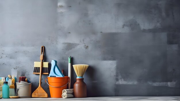 cleaning home tools background with large copy space