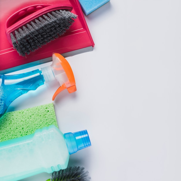 Cleaning products on grey background