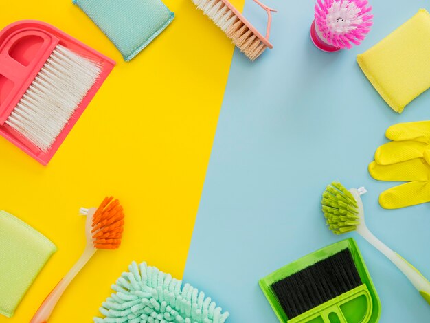 Cleaning supplies on the table with copy space