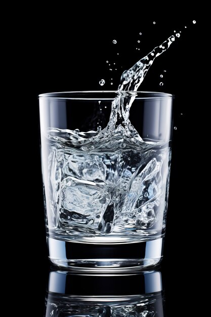 グラスに氷が入った透明な水