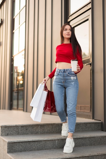 Free photo client in red shirt low view