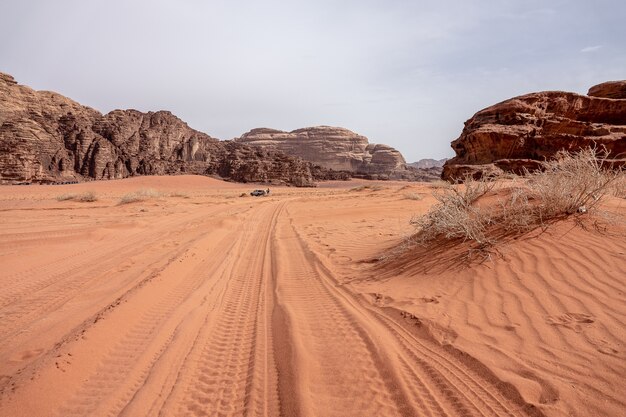 Cliffs and caves on a desert full of dry grass under a cloudy sky during daytime