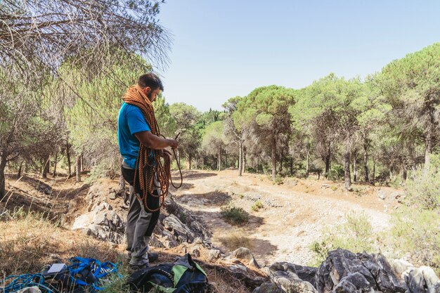 Climber with climbing equipment