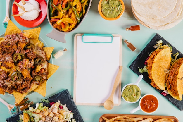 Clipboard amidst Mexican food