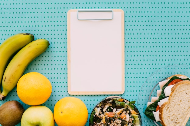 Clipboard and healthy food