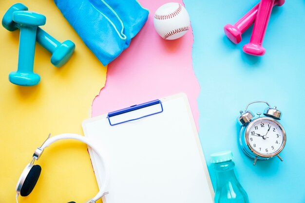 Clipboard and various sports equipment