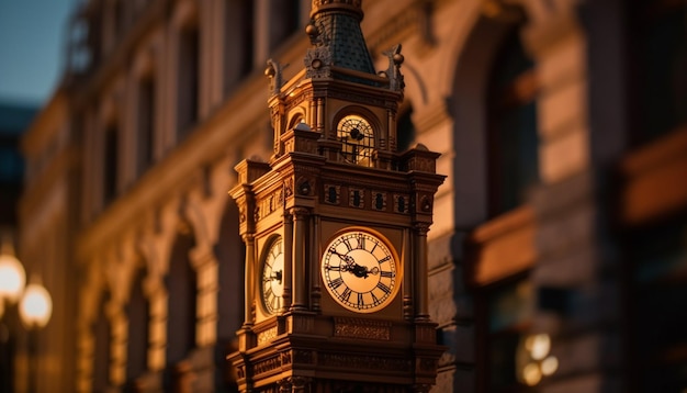 무료 사진 시계탑은 ai가 생성한 황혼의 유명한 도시 스카이라인을 밝힙니다.
