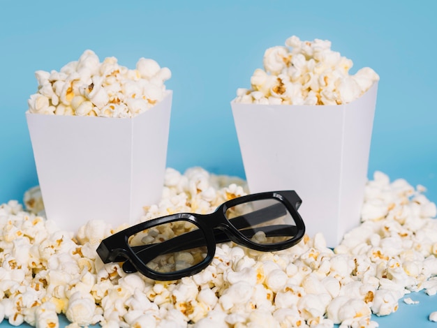 Close-up 3d glasses with salted popcorn