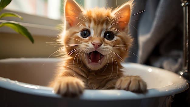 close up on adorable kitten in bathtub