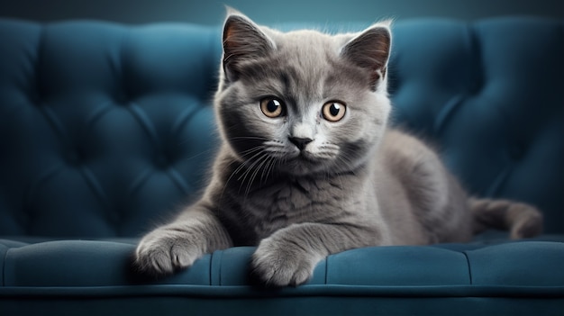 Крупным планом очаровательный котенок на диване