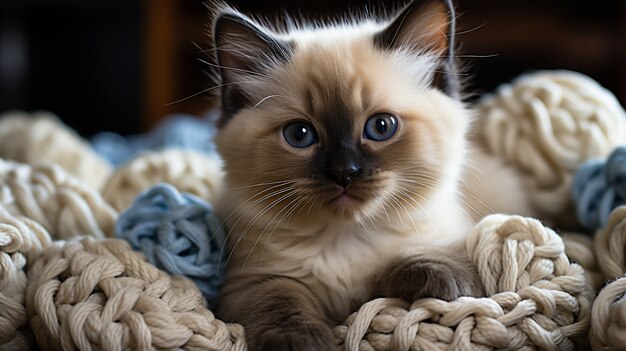 Close up on adorable kitten near yarn