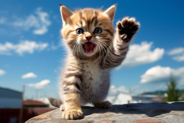 Close up on adorable kitten outdoors