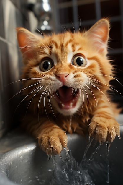 Close up on adorable kitten paying with water