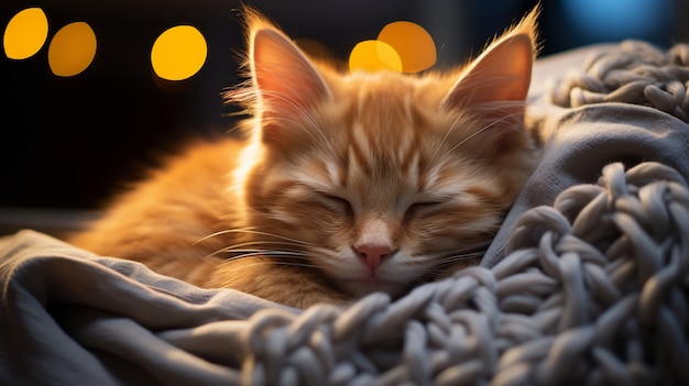 Крупным планом спящий очаровательный котенок