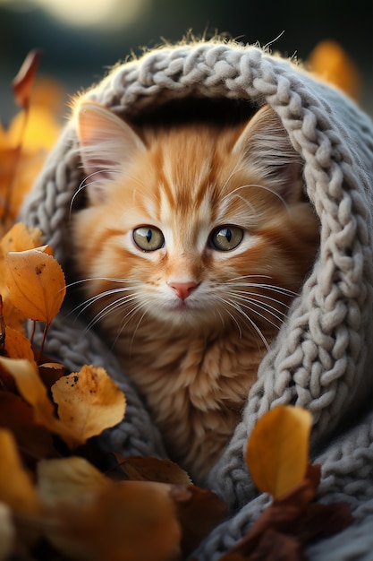 Close up on adorable kitten snuggle in blanket