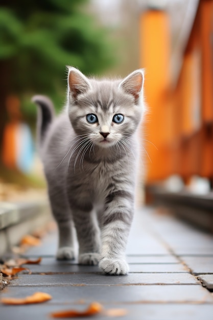 Close up on adorable kitten walking outdoors