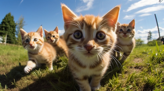 Close up on adorable kittens in nature