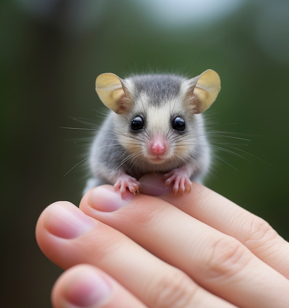 Foto gratuita primo piano sull'adorabile opossum tenuto in mano