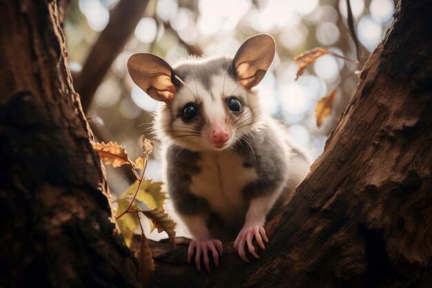 Primo piano sull'adorabile opossum in natura