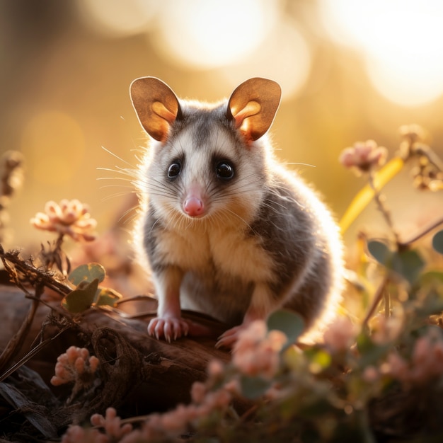 Foto gratuita primo piano su adorabile opossum vicino ai fiori