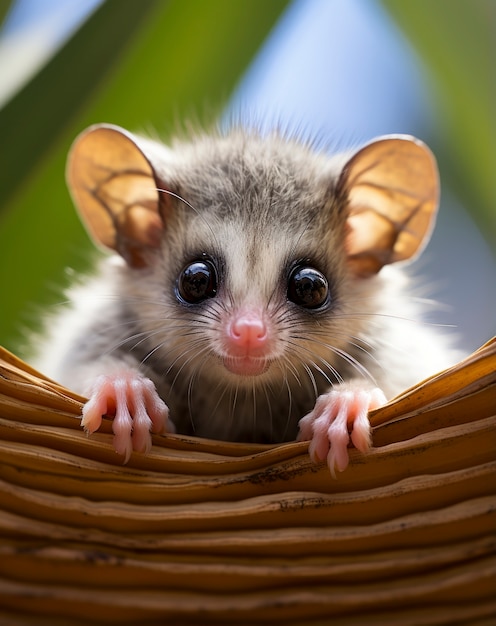 Foto gratuita primo piano sull'adorabile opossum sull'albero