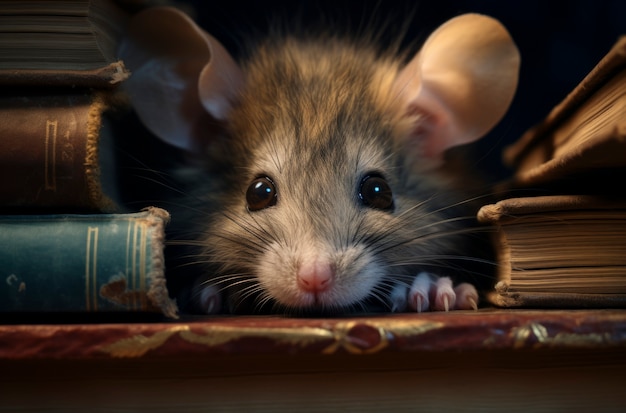 Free photo close up on adorable rat behind books