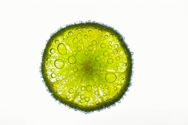 Close-up of air bubbles covering slice of juicy lime floating in water