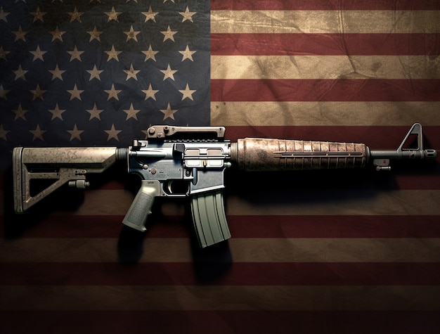Close up on ak-47 in front of  us flag
