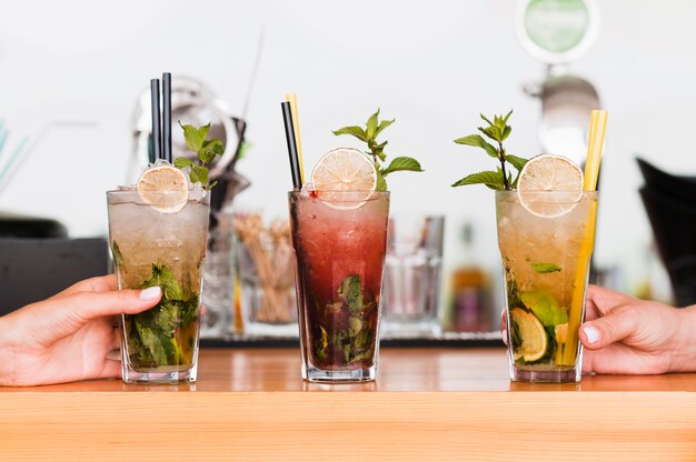 Close-up alcoholic cocktails ready to be served