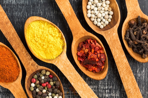 Close-up aligned spoons with spices powder