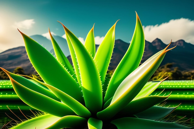 A close up of an aloe plant with mountains in the background