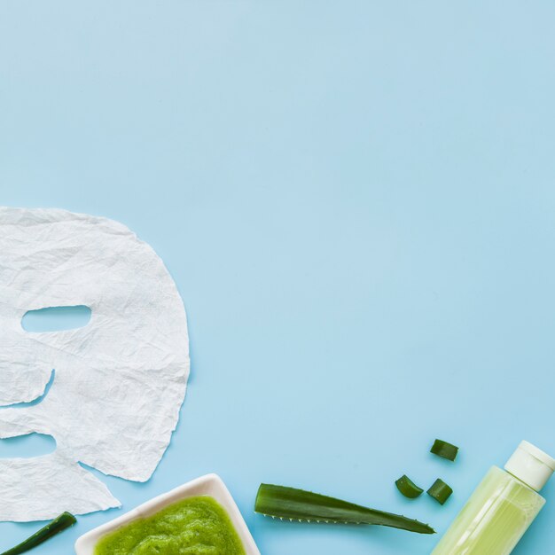 Close-up of aloevera face mask; spray bottle and leaf on blue background