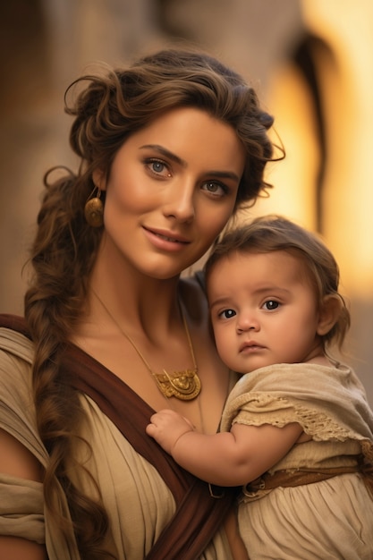 Close up on ancient greece mother with baby